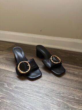 Target Black Slide Heels with Gold Round Buckle